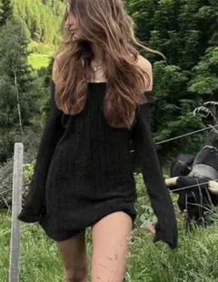 オフショルダー リブニット ミニワンピース ブラック