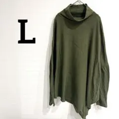 オリーブ色【L】ハイネック アシンメトリー ドレープチュニック