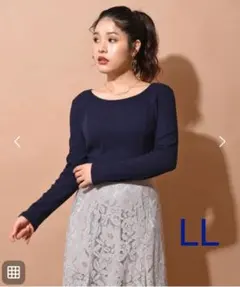 ラウンドネックリブカットソー　ネイビー