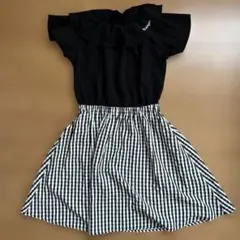 夏ワンピ160 オフショルダー ワンピース ギンガムチック柄　モノトーンワンピ