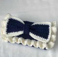 【即購入可】ハンドメイド 編み物 ポーチ ペンケース 筆箱 リボン フリル