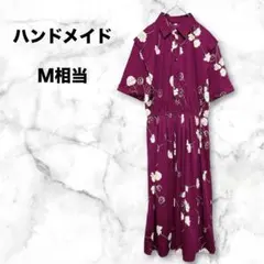 【ハンドメイド】レトロ花柄 ワンピース 襟付き 半袖 赤紫 Ｍ相当