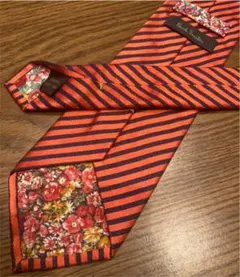 【美品】ポールスミス　ネクタイ　ネイビー×オレンジ　ボーダー　シルク　裏地花柄