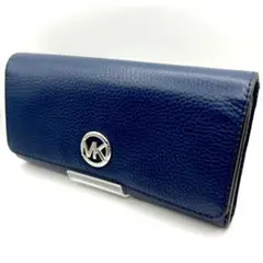 超美品マイケルコース★フラップロングウォレット 長財布 グレインレザー 本革 紺