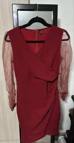 赤 シースルー袖 ラップドレス