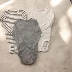 H&M ボディースーツ 3枚セットロンパース リブ 長袖 黒 グレー ボーダー