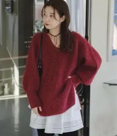 新品・未使用 kastane メランジVあきニットプルオーバー レッド