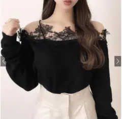 グレイル GRL 花柄レースオフショルダーニットトップス[dr619] 黒