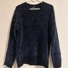 【新品・美品】AZUL ネイビー Vネックニット　幾何学模様　アズール　メンズ