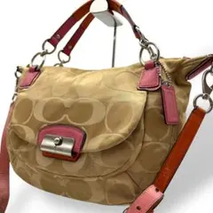 コーチ ショルダーバッグ 2way キャンバス レザー ベージュ系 シグネチャー