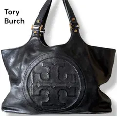 トリーバーチ　ハンドバッグ　トート　ブラック　レザー　デカロゴ　ミラー付き