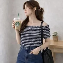 【新品未使用】 ギンガムチェック柄 オフショルダー M