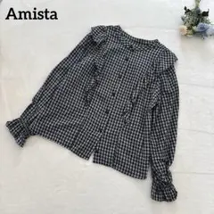 【Amista アミスター】 フリル 長袖シャツギンガムチェック バンドカラー