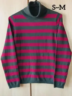 Ｍ　グレー×ワインカラー　ボーダーハイネックニットセーター