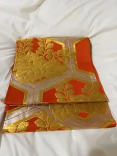 限定価格‼️ アンティークオレンジ 金色植物模様 袋帯