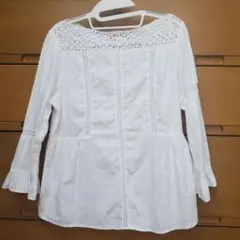 ホワイト 七分袖 レース装飾 シャツ