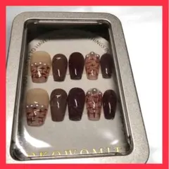 Nails 手作り ネイルチップ ロング バレリーナ ピンク 雪の華 秋冬つけ爪