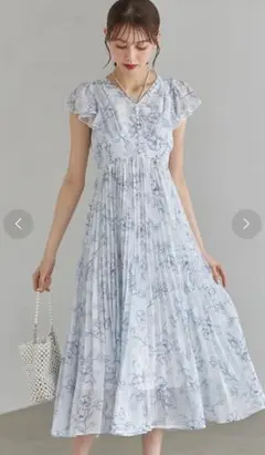 トッコクローゼット　パール付きネックリボン水彩ラインフラワープリーツワンピース