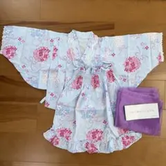 キッズ 水色 花柄 浴衣 ワンピース 110cm帯付き