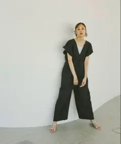 GLOBAL WORK シャーリングオールインワン ブラックM