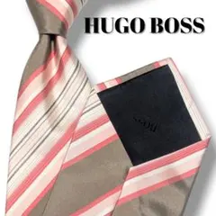 HUGO BOSS ヒューゴボス ネクタイ ストライプ 光沢 ブラウン ピンク