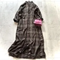 アーバンリサーチDOORSバンドカラーロング丈 チェック シャツワンピース