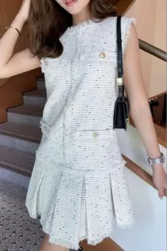 sheller シェリエボックスプリーツツイードドレス