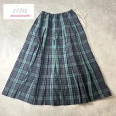 ina リネン100% ブラックウォッチ ウエスト紐タックロングスカート Fのサムネイル