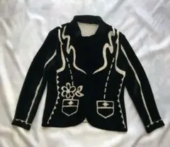 80s〜90s レトロ　クレープ だまし絵風 ニットカーディガン 短丈　黒