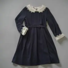 【クリーニング済み】BEAMSmini ネイビー レース襟 長袖ワンピース