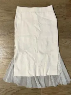 リブニット タイトスカート 裾チュール フリル 白 アイボリー