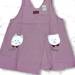 エプロン　赤と白のチェック　猫とクマ刺繍　新品未使用