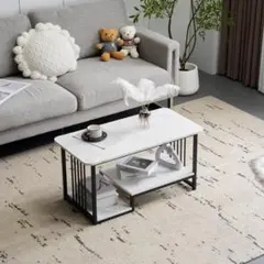 センターテーブル 大理石調 幅90cm 収納付き 長方形 【ホワイト＋ブラック】