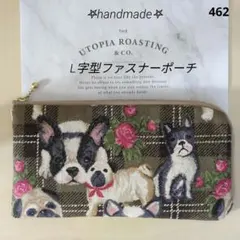 【462】L字型ファスナーポーチ、綿麻キャンバスプリント、犬柄、ハンドメイド