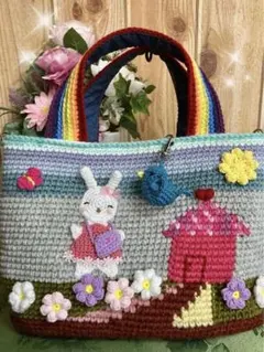 ♡手編みトートバッグ♪ うさぎモチーフ編みバック　手編みニットバック
