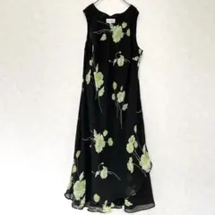 大きいサイズ ノースリーブ ロングワンピース 花柄 シフォン ブラック 黒 3L