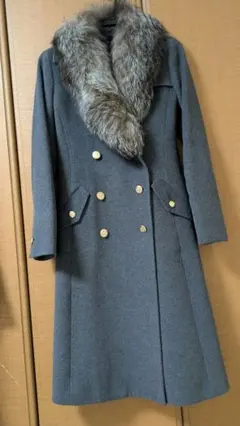 【ルスーク】アンゴラ、ウール混 フォックスファー付きコート　グレー