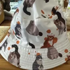 猫柄 バケットハット ホワイト