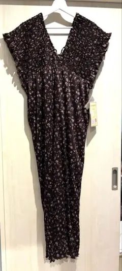 しまむら　Lax Dan Tia 花柄シャーリングサロペット　ブラウン　L