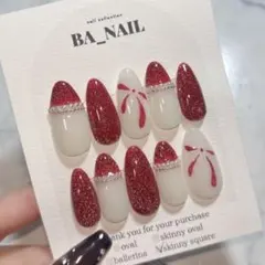 【現品】ネイルチップ 赤 フラッシュ フレンチガーリー リボン バレエコア