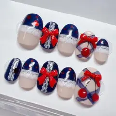 ネイルチップ 現品 さくらんぼ ネイビー フレンチガーリー レース