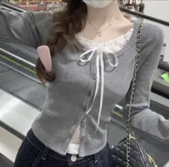 レース付きグレー長袖レイヤード トップス/Sサイズ