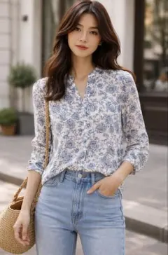 ZARAコットンシルク花柄ブラウ スMブルーフラワーゆったり上 品春夏