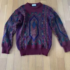 総柄ニット セーター ワインレッド レトロ