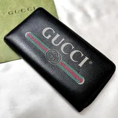 ◇美品◇グッチ　ヴィンテージロゴプリント長財布　ブラック　レザー　496317