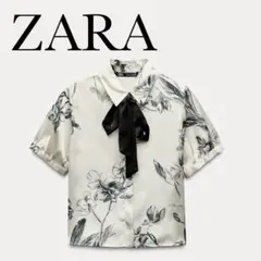 ZARA リボン付き　プリント柄シャツ　半袖　ブラウス　サテン　花柄