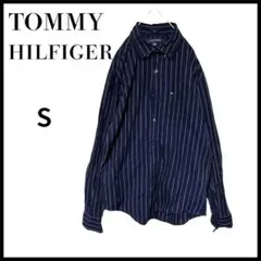 TOMMYHILFIGERトミーヒルフィガー刺繍ロゴ長袖シャツストライプ紺S