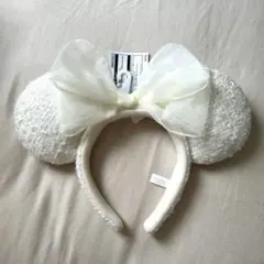 ディズニー　カチューシャ　ミニー　リボン　ツイード　シフォン　ホワイト