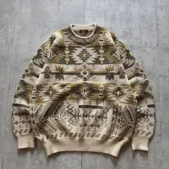 古着 存在感◎ ニットセーター ネイティブ柄 アースカラー L ベージュ