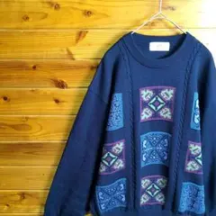 レトロ　ヴィンテージ　ニット　セーター　紺　幾何学模様　ウール　100%　Ⅿ